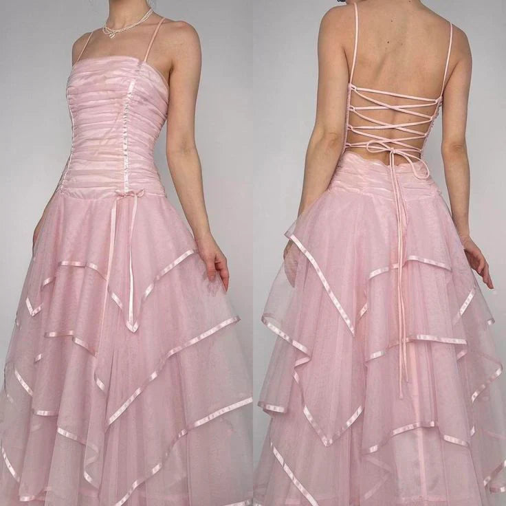 Pink Vintage A Line Spaghetti Straps Layered Tulle Prom Dress Party Dress simple gentle atmospheric and unique desi Bring summer colors to enhance whiteness