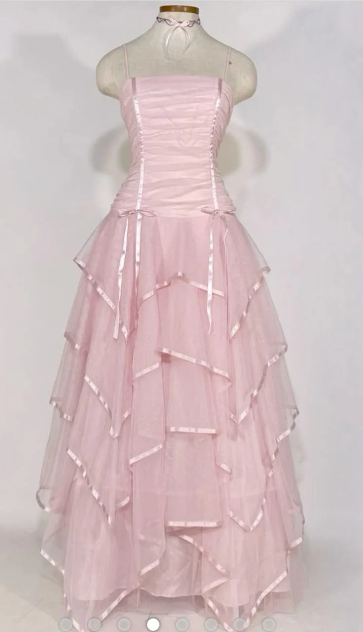 Pink Vintage A Line Spaghetti Straps Layered Tulle Prom Dress Party Dress simple gentle atmospheric and unique desi Bring summer colors to enhance whiteness