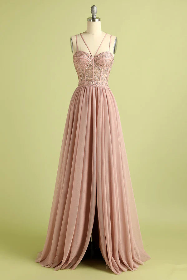 Pink Split Front Spaghetti Straps Prom Dress Simple gentle atmospheric and unique design