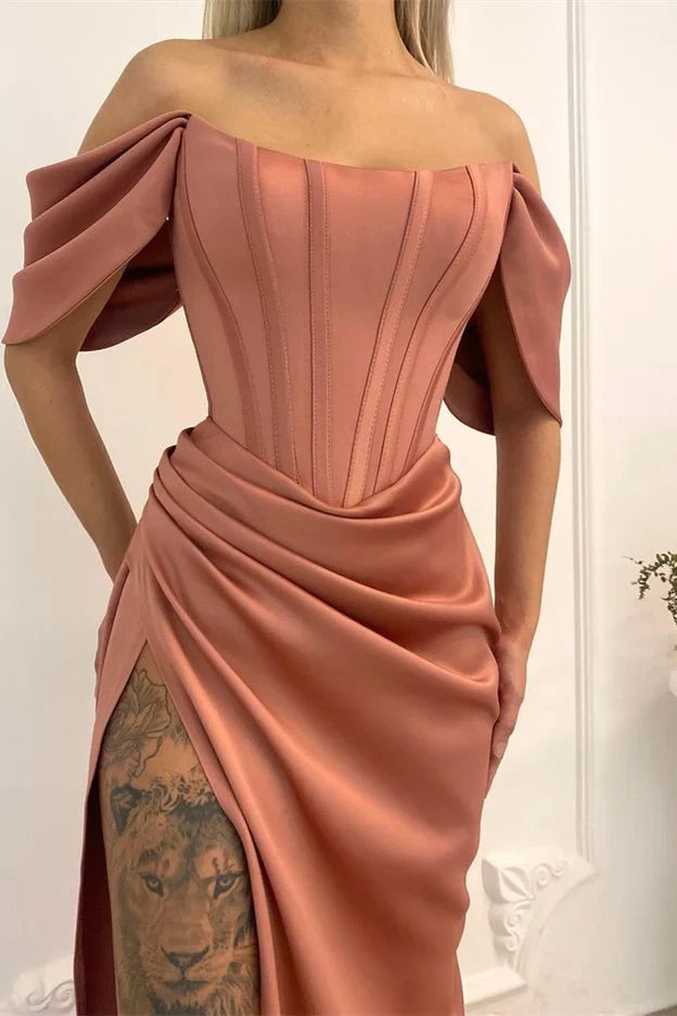 Pink brown satin dress with one shoulder and off shoulder lantern sleeves, suitable for dinners parties and other occasions