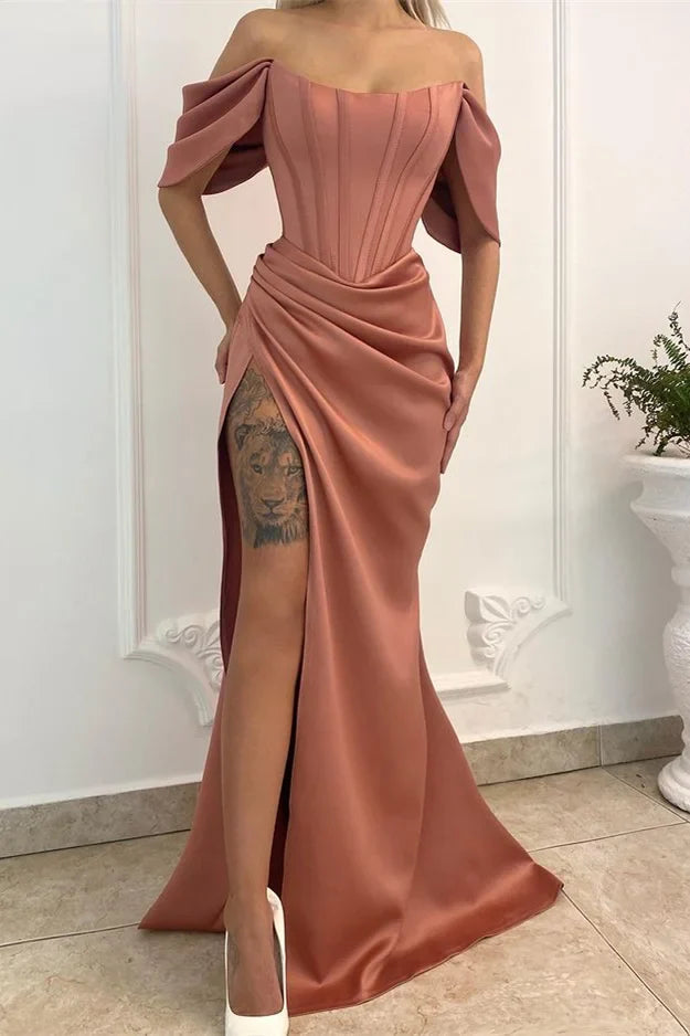 Pink brown satin dress with one shoulder and off shoulder lantern sleeves, suitable for dinners parties and other occasions