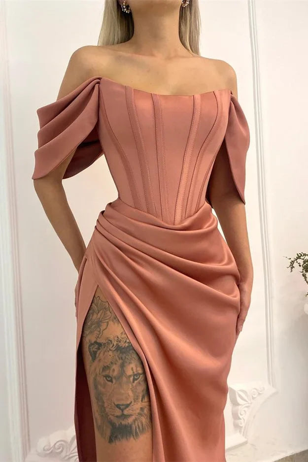 Pink brown satin dress with one shoulder and off shoulder lantern sleeves, suitable for dinners parties and other occasions