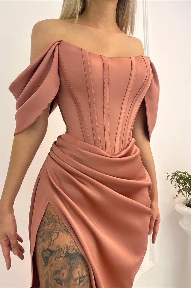 Pink brown satin dress with one shoulder and off shoulder lantern sleeves, suitable for dinners parties and other occasions