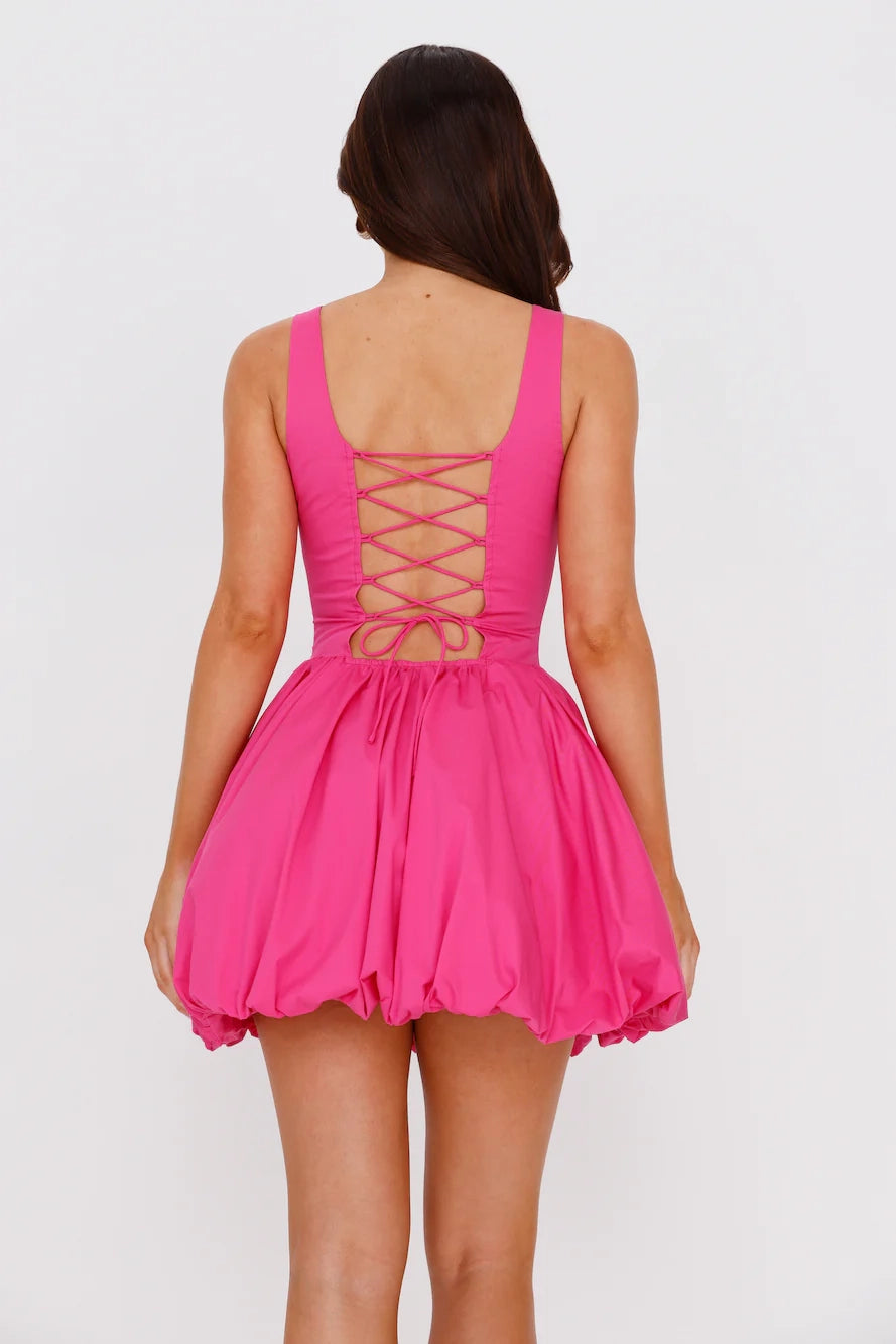 Pink camisole dress with square neckline and fluffy bubble like skirt, suitable for dates, parties, and other occasions