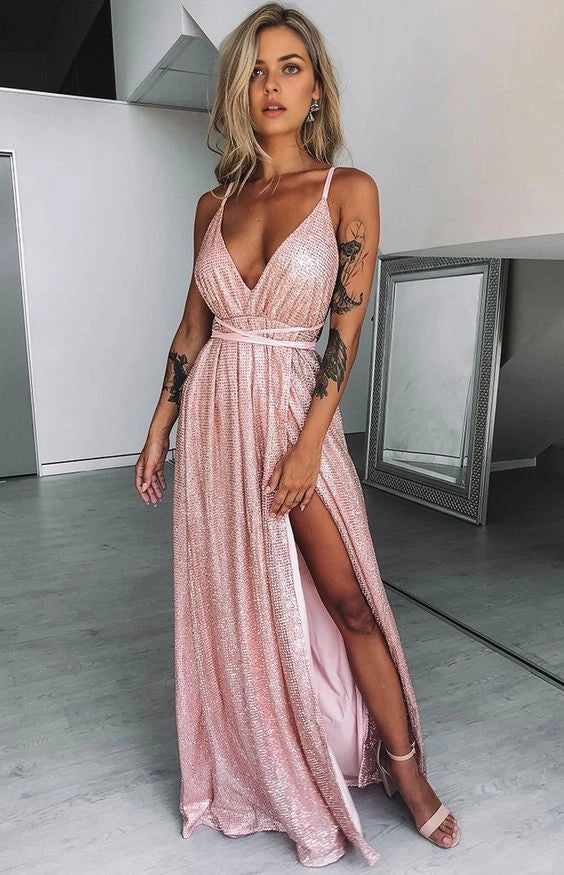Pink long camisole dress with deep V-neckline suitable for dinners, parties, dances, etc