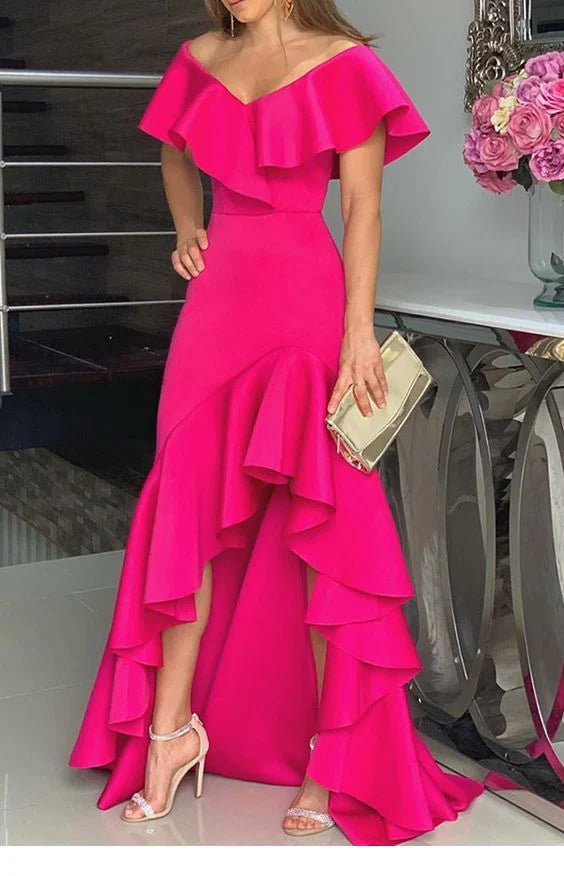 Pink long dress with one shoulder lotus leaf edge and V-neck, suitable for dinners, parties and other occasions