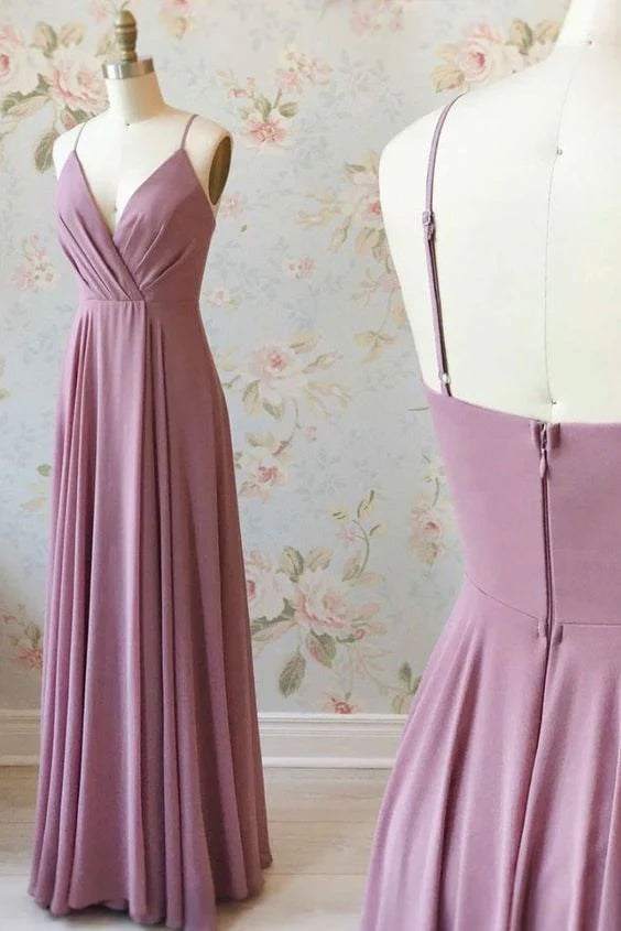 Pink purple long dress with deep V-neck straps and cross pleated design suitable for dinners, weddings, and other occasions