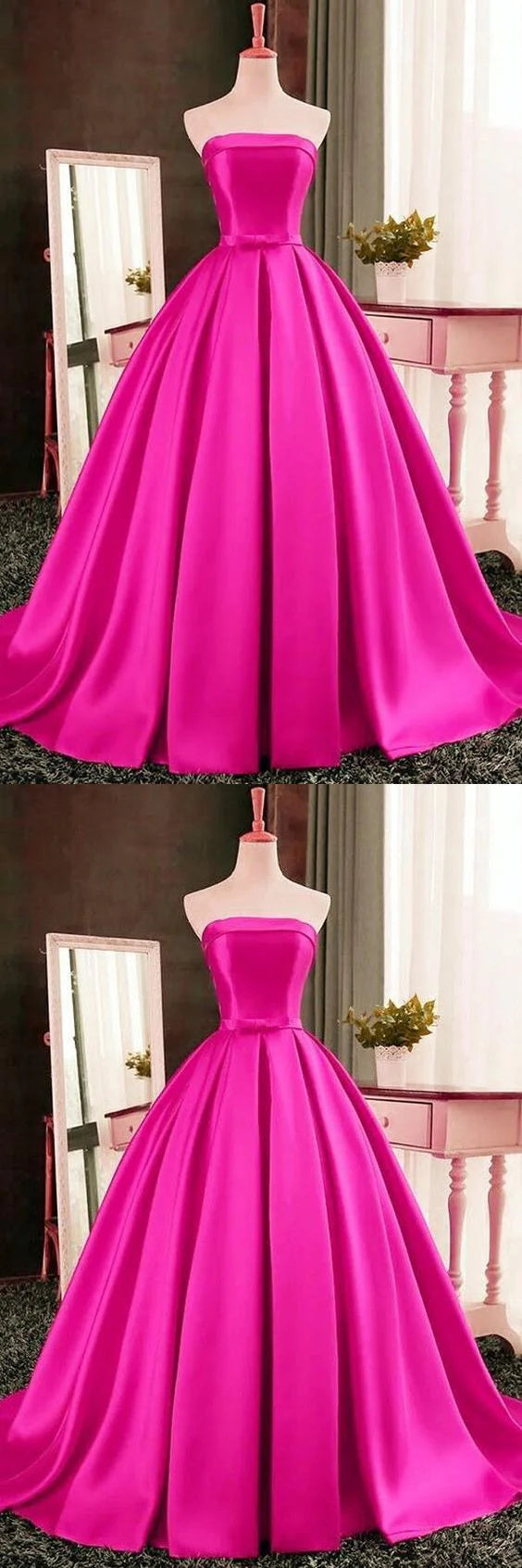 Pink satin dress with strapless design, high waist and bow belt suitable for dinners, dances and other occasions