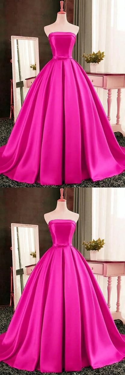 Pink satin dress with strapless design, high waist and bow belt suitable for dinners, dances and other occasions