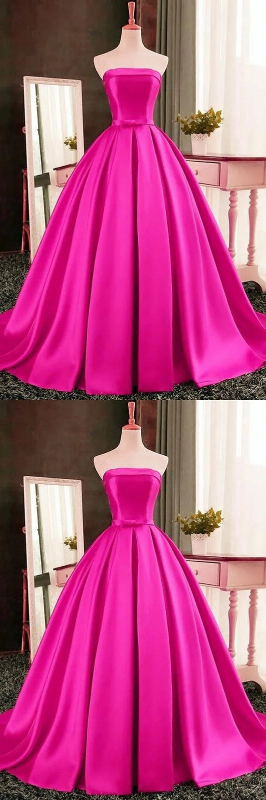Pink satin dress with strapless design, high waist and bow belt suitable for dinners, dances and other occasions