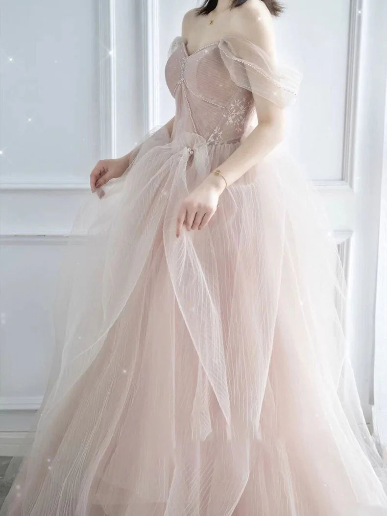 Pink sweetheart tulle long prom dress, pink tulle formal dress simple gentle atmospheric and unique desi Bring summer colors to enhance whiteness