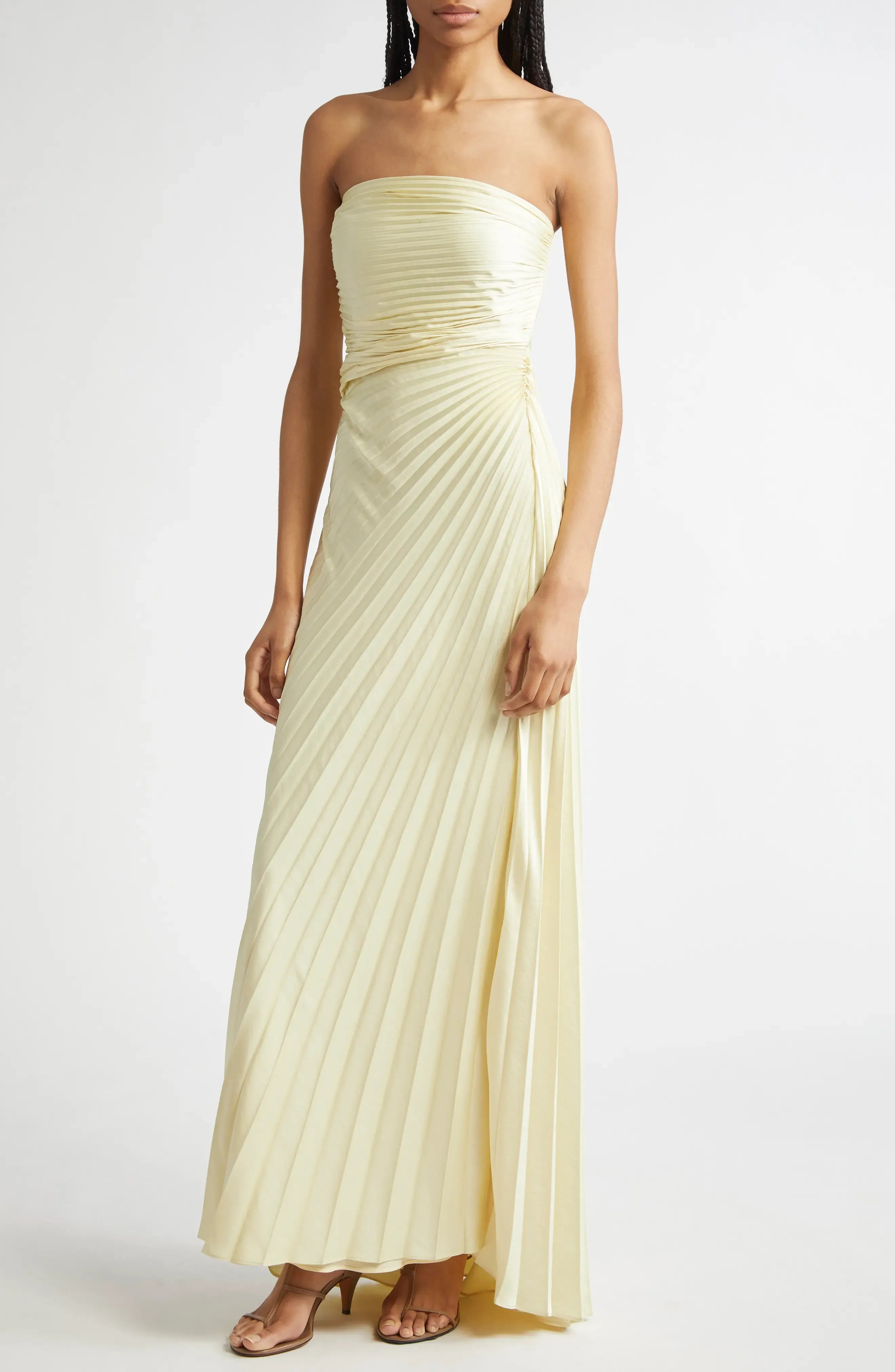 Pleat Detailed A Line Strapless Sleeveless Zipper Back Floor Length For Women Evening Dress