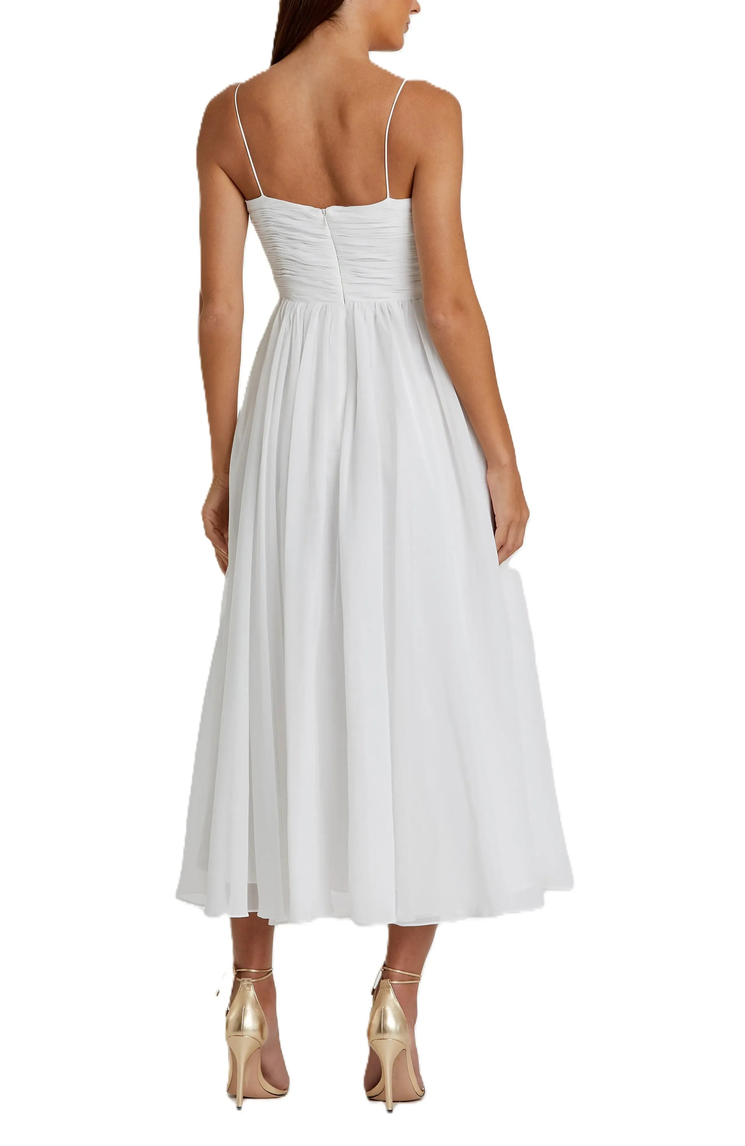 Pleated A Line Deep V Neck Spaghetti Strap Open Back Midi Length For Women Evening Dress