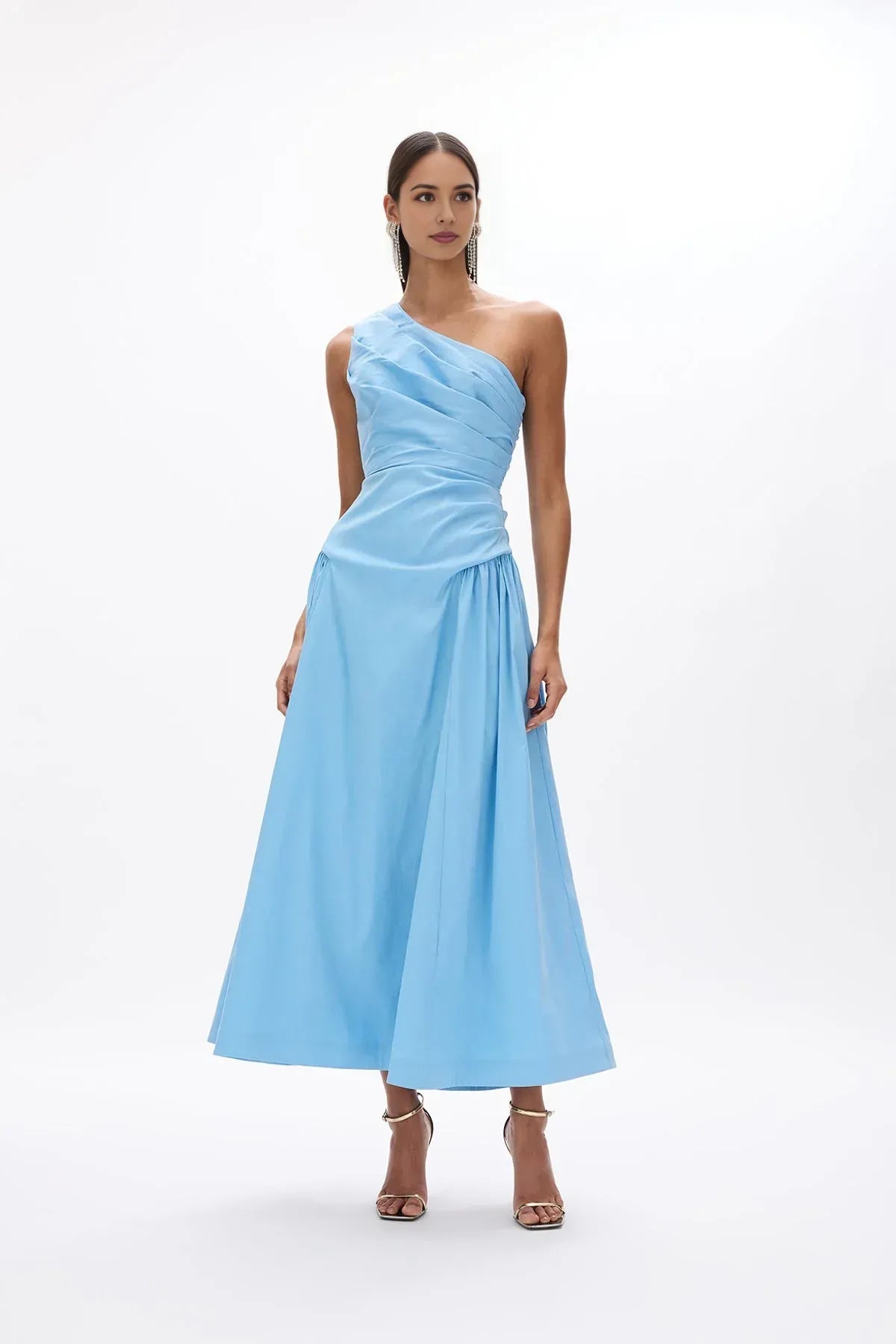 Pleated A Line One Shoulder Sleeveless Zipper Back Midi Length For Sale Prom Dress
