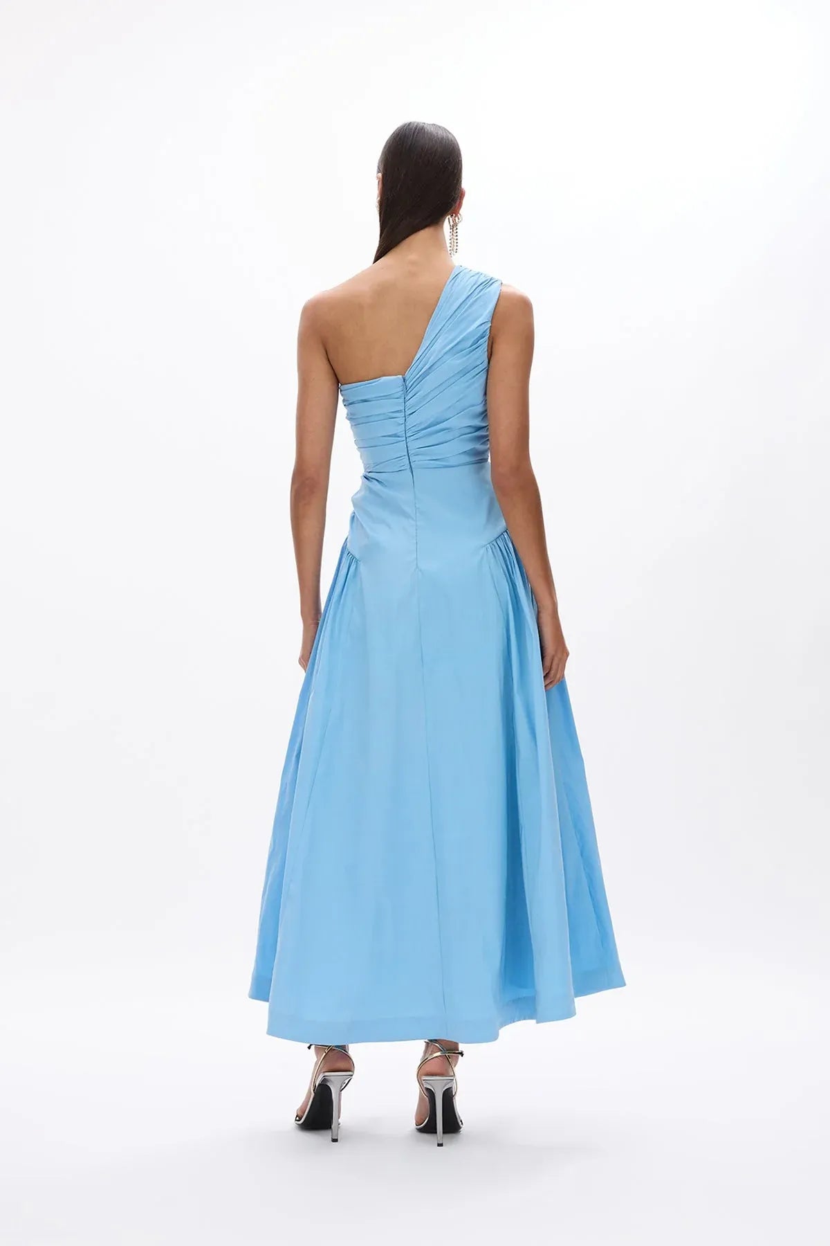 Pleated A Line One Shoulder Sleeveless Zipper Back Midi Length For Sale Prom Dress