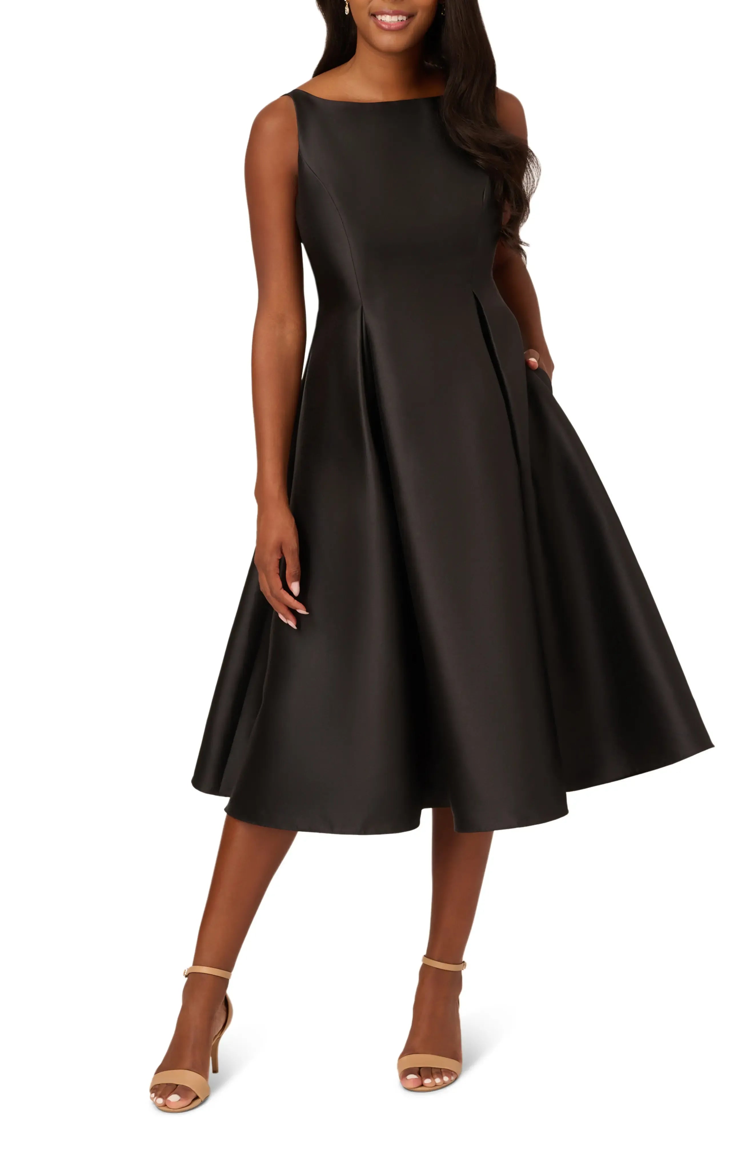 Pleated Fit and Flare Crew Neck Sleeveless V Back Midi Length For Ladies Evening Dress