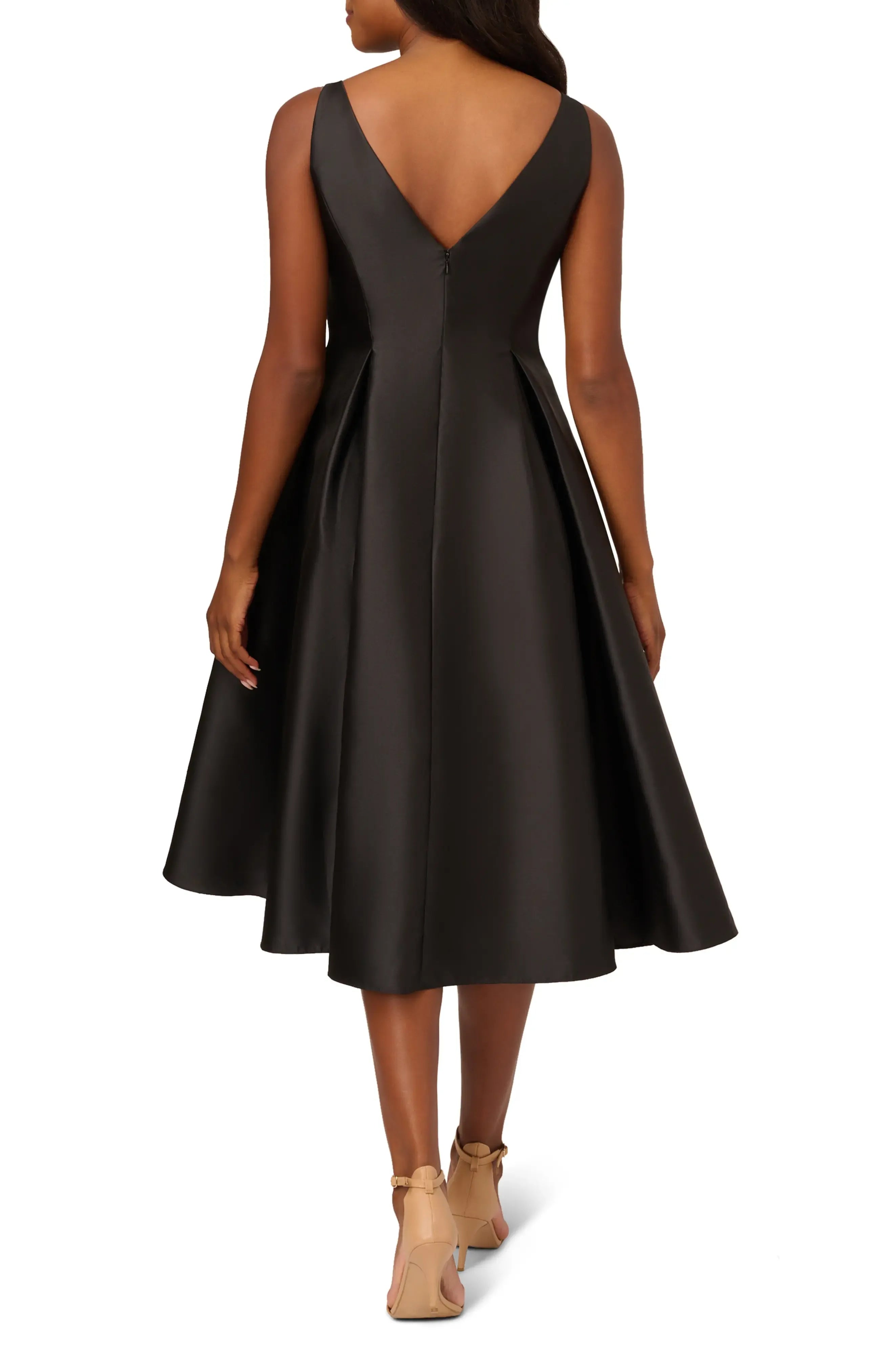 Pleated Fit and Flare Crew Neck Sleeveless V Back Midi Length For Ladies Evening Dress
