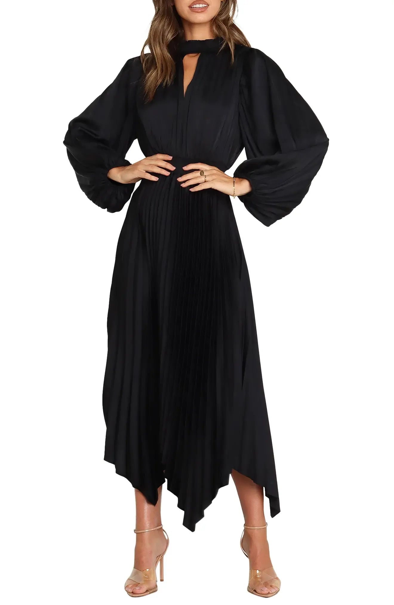 Pleated Flowy Keyhole Neck Puff Sleeve Cutout Back High Low Length For Sale Evening Dress