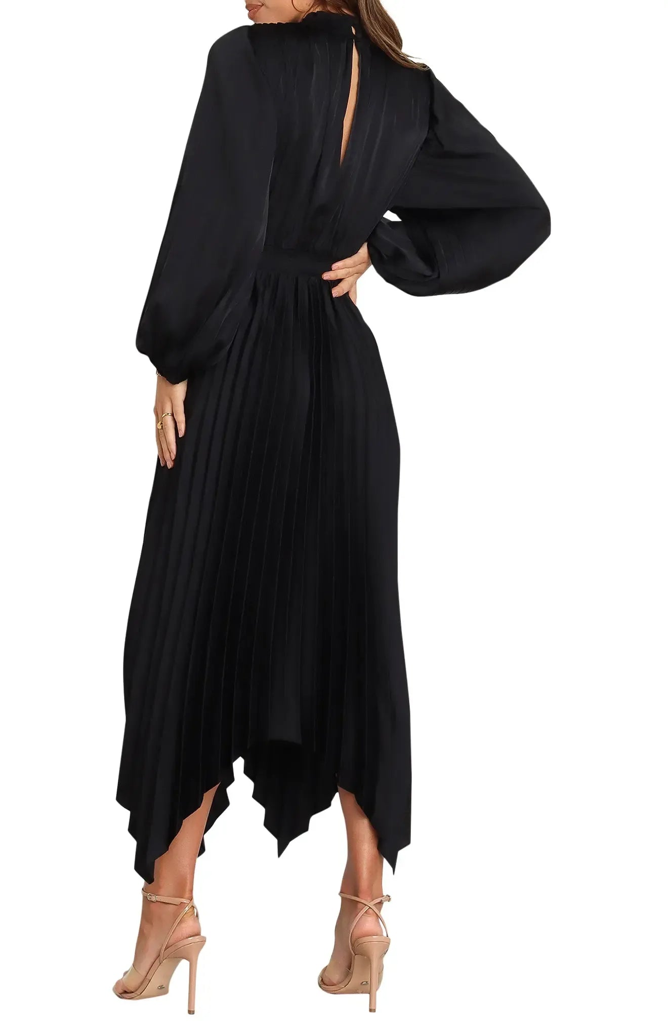 Pleated Flowy Keyhole Neck Puff Sleeve Cutout Back High Low Length For Sale Evening Dress