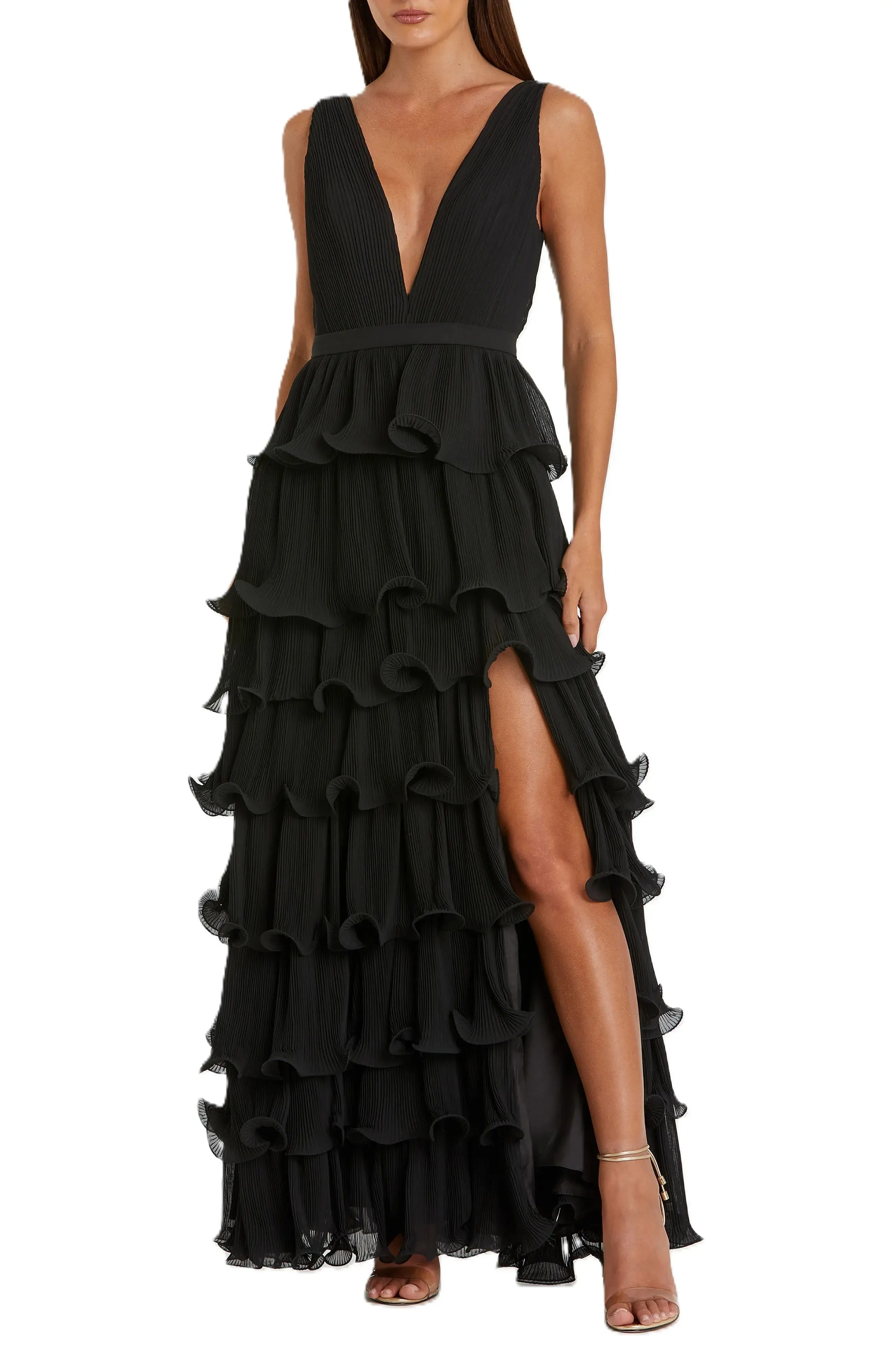 Pleated Tiered Deep V Neck Sleeveless Plunging Back Floor Length For Adults Evening Dress