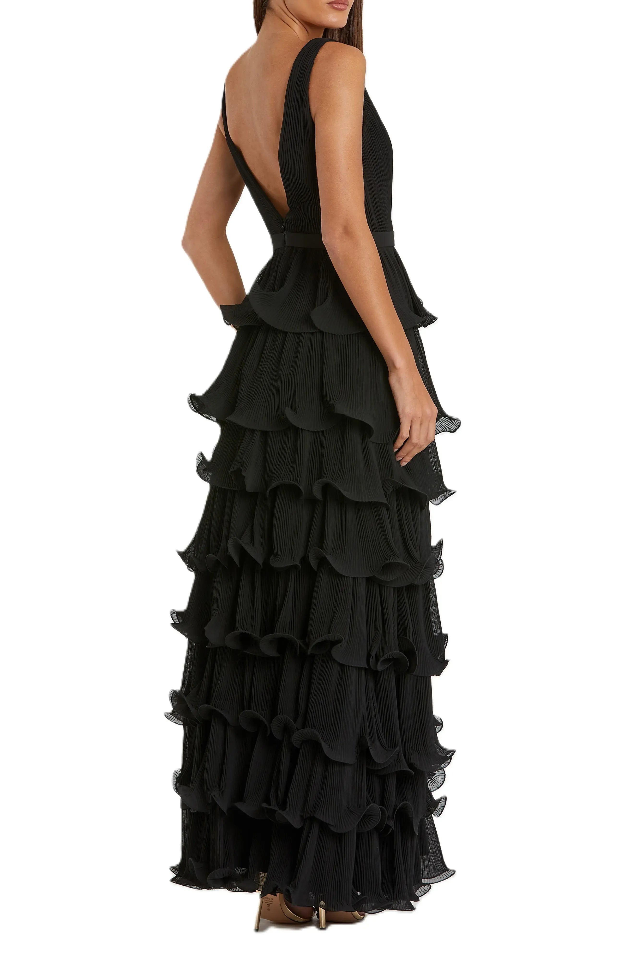 Pleated Tiered Deep V Neck Sleeveless Plunging Back Floor Length For Adults Evening Dress