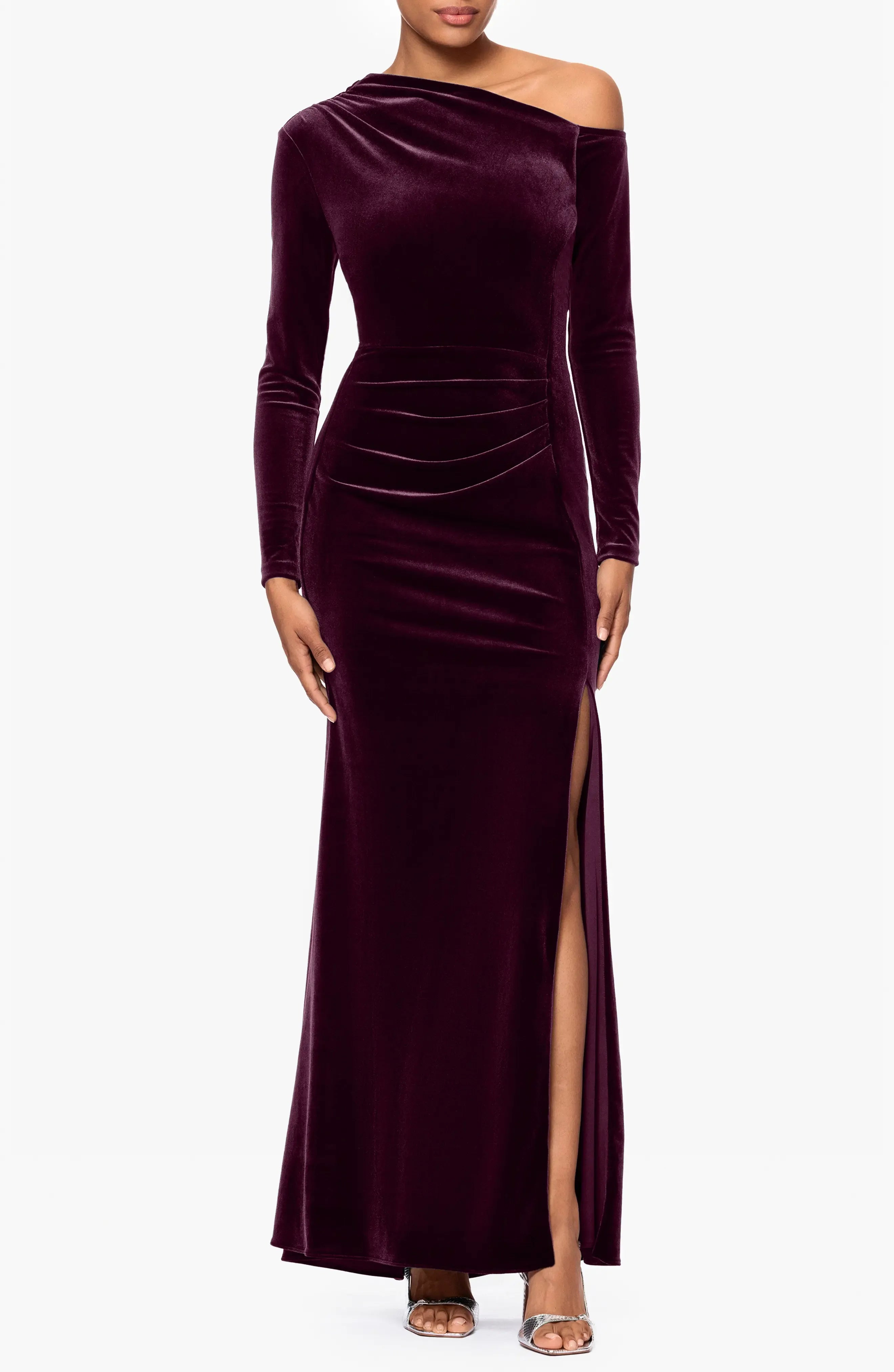 Pleated Waist Trumpet One Shoulder Long Sleeve Straight Back Floor Length For Ladies Evening Dress