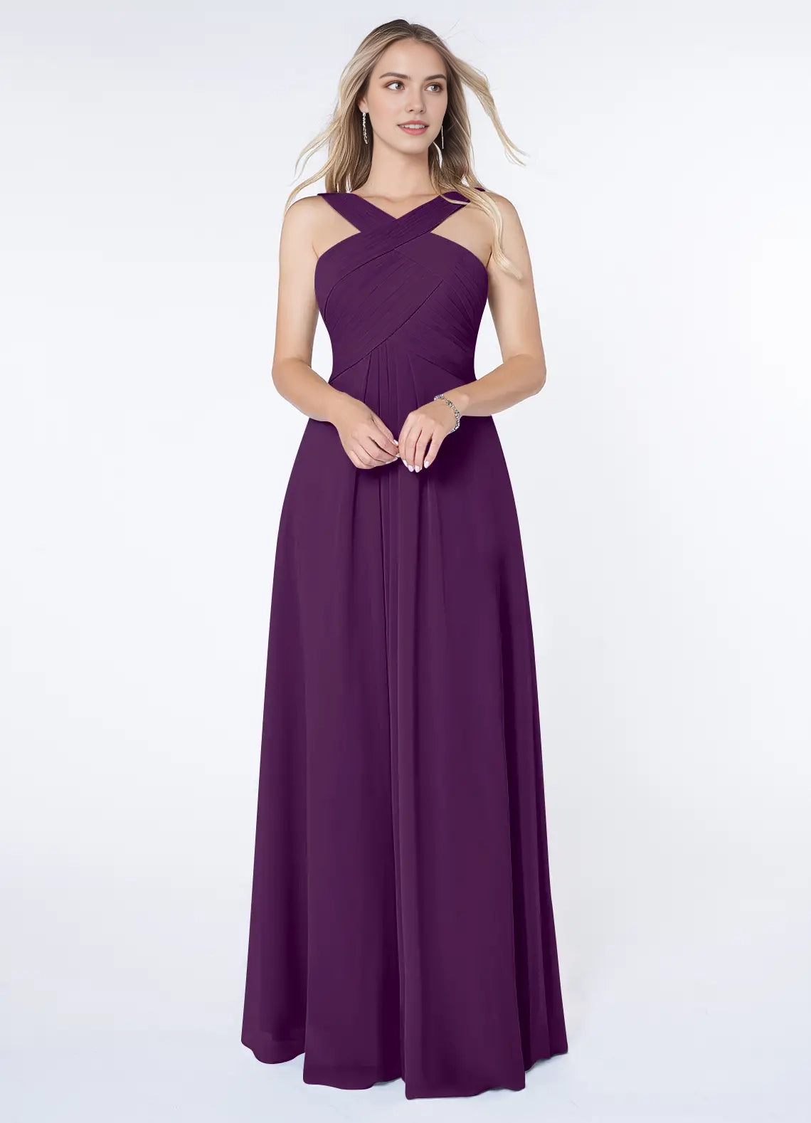 Plum Purple Crisscross Neck Evening Gown A-Line Pleated Chiffon Dress Bridesmaid Dresses
