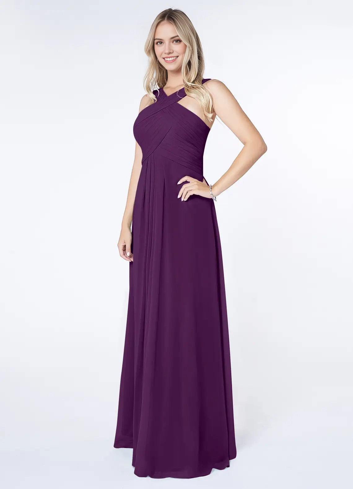 Plum Purple Crisscross Neck Evening Gown A-Line Pleated Chiffon Dress Bridesmaid Dresses