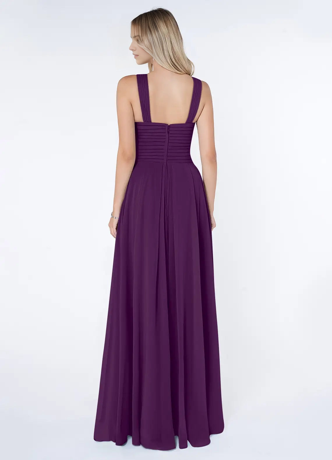 Plum Purple Crisscross Neck Evening Gown A-Line Pleated Chiffon Dress Bridesmaid Dresses