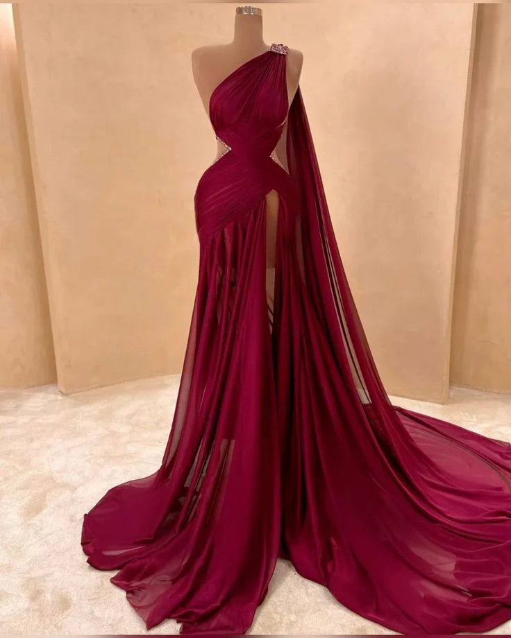 Plum color fashionable one-shoulder sexy elegant long chiffon Prom Dress evening dress simple gentle atmospheric and unique desi Bring summer colors to enhance whiteness