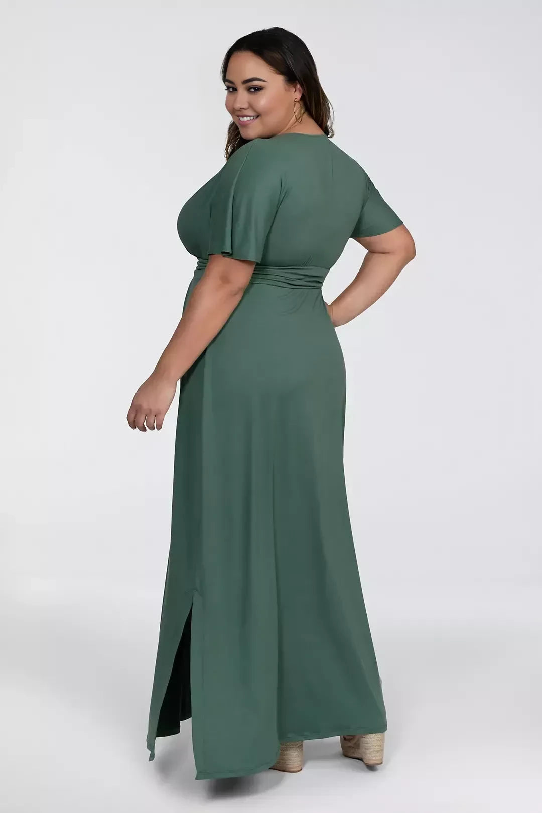 Plus Size Composed A Line V Neck Short Sleeve Plain Back Floor Length Mother of the Bride Dress