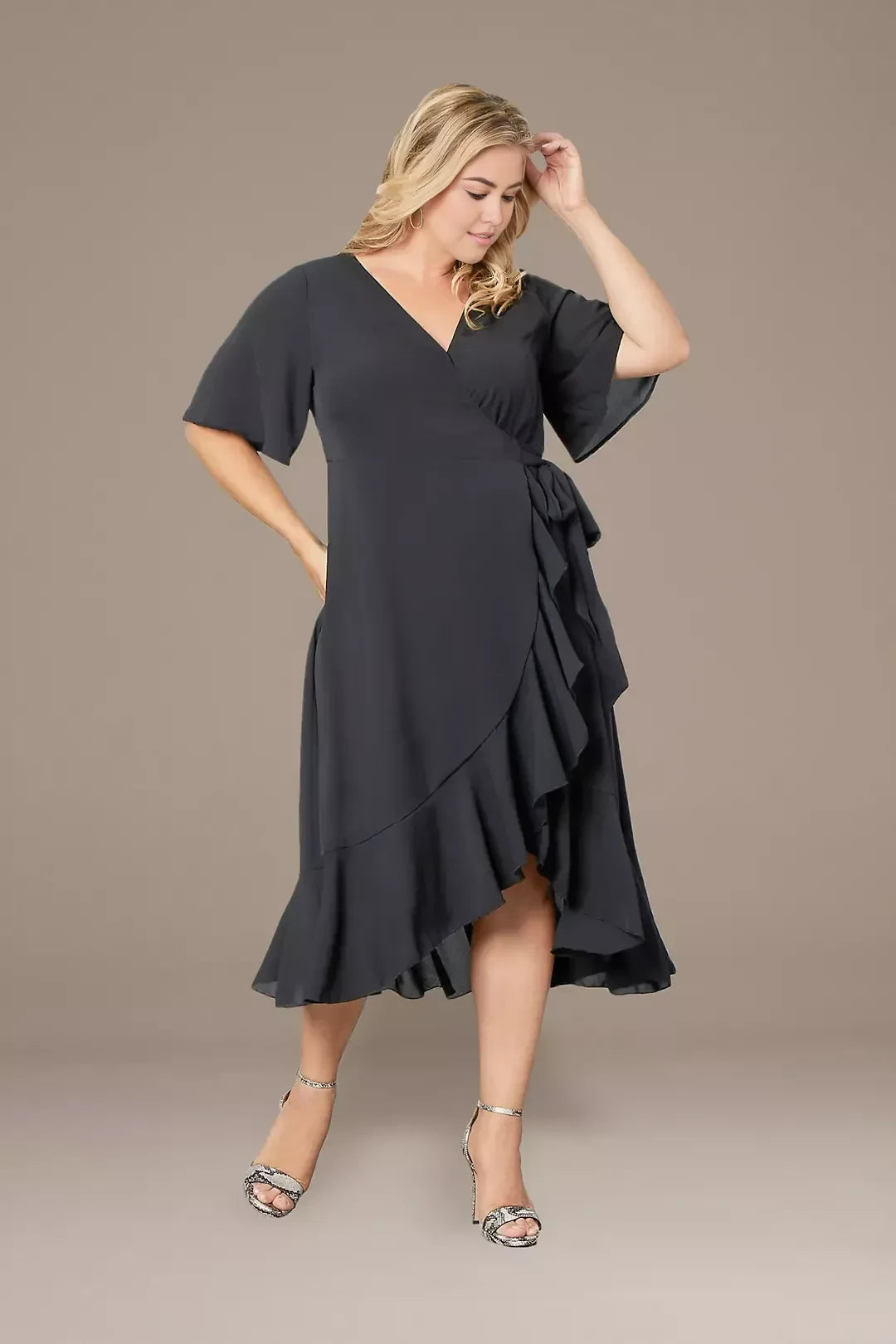 Plus Size Elegant Wrap V Neck Flutter Sleeve Plain Back Midi Length Mother of the Bride Dress