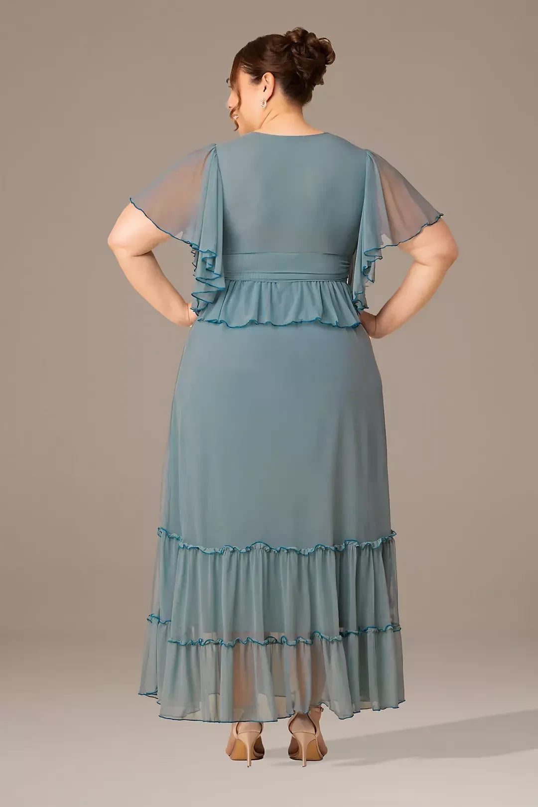 Plus Size Enchanting A Line V Neck Flutter Sleeve Plain Back Floor Length Mother of the Bride Dress