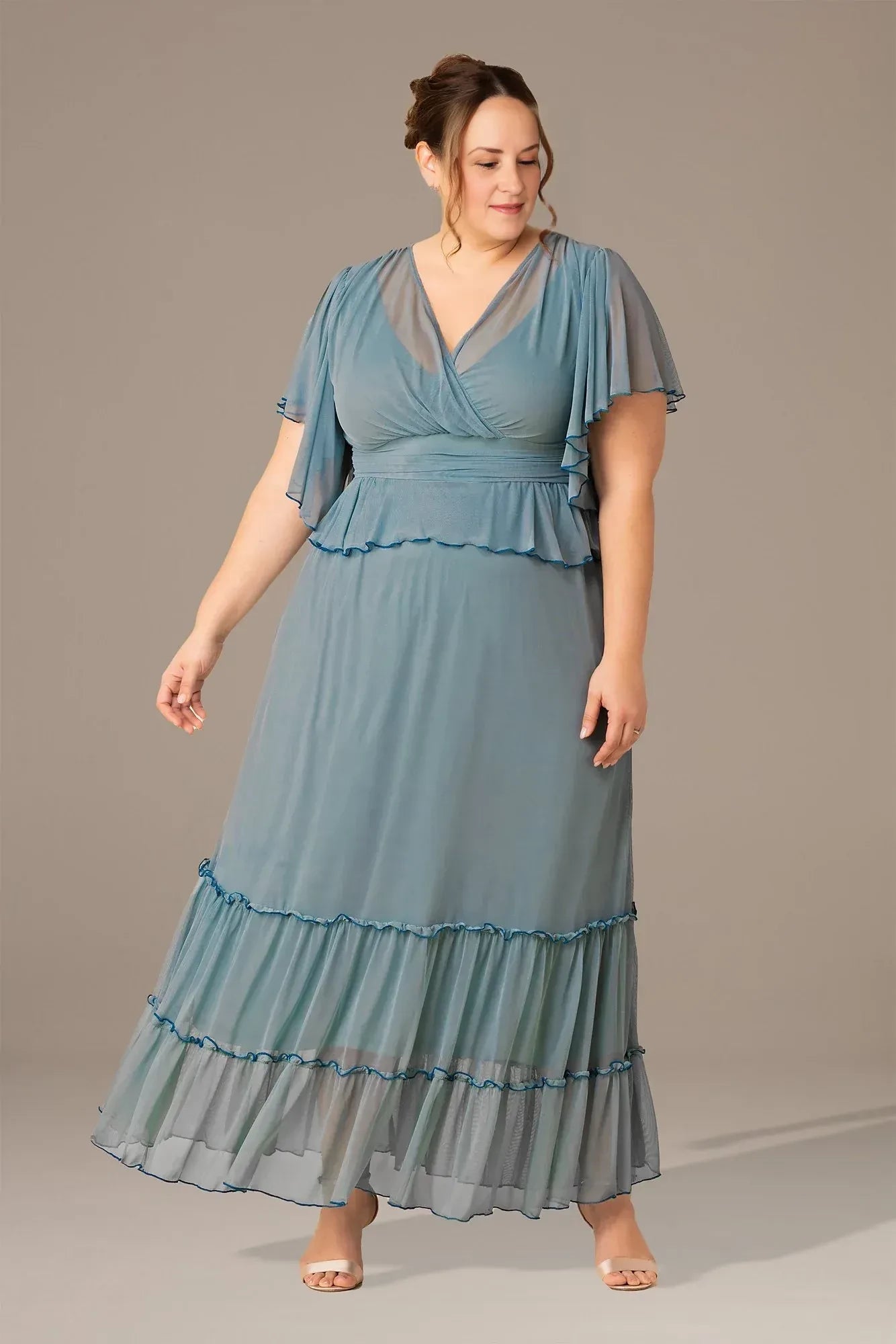 Plus Size Enchanting A Line V Neck Flutter Sleeve Plain Back Floor Length Mother of the Bride Dress