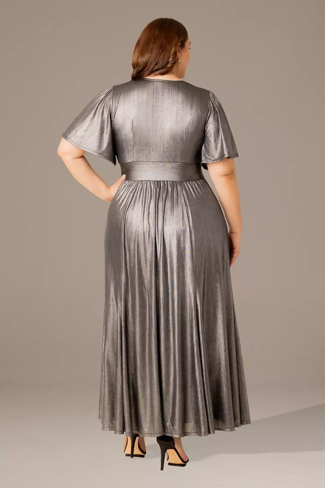 Plus Size Glistening A Line V Neck Flutter Sleeve Plain Back Floor Length Mother of the Bride Dress