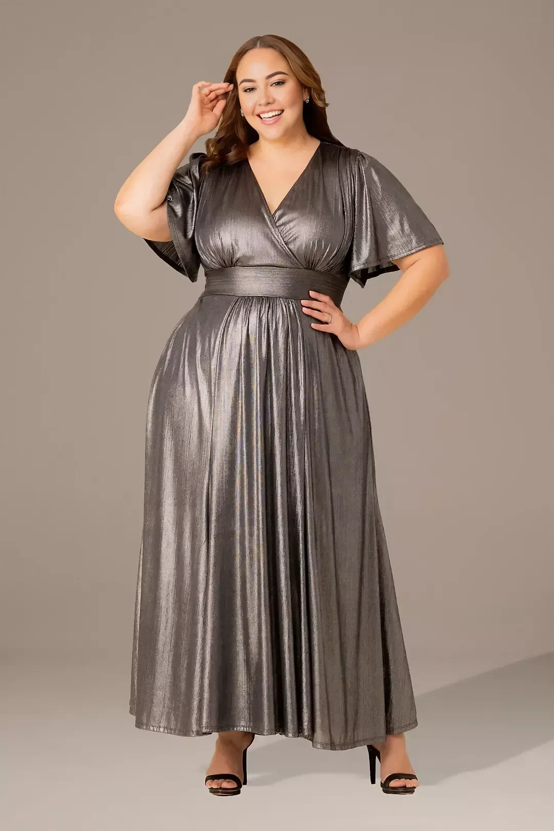 Plus Size Glistening A Line V Neck Flutter Sleeve Plain Back Floor Length Mother of the Bride Dress