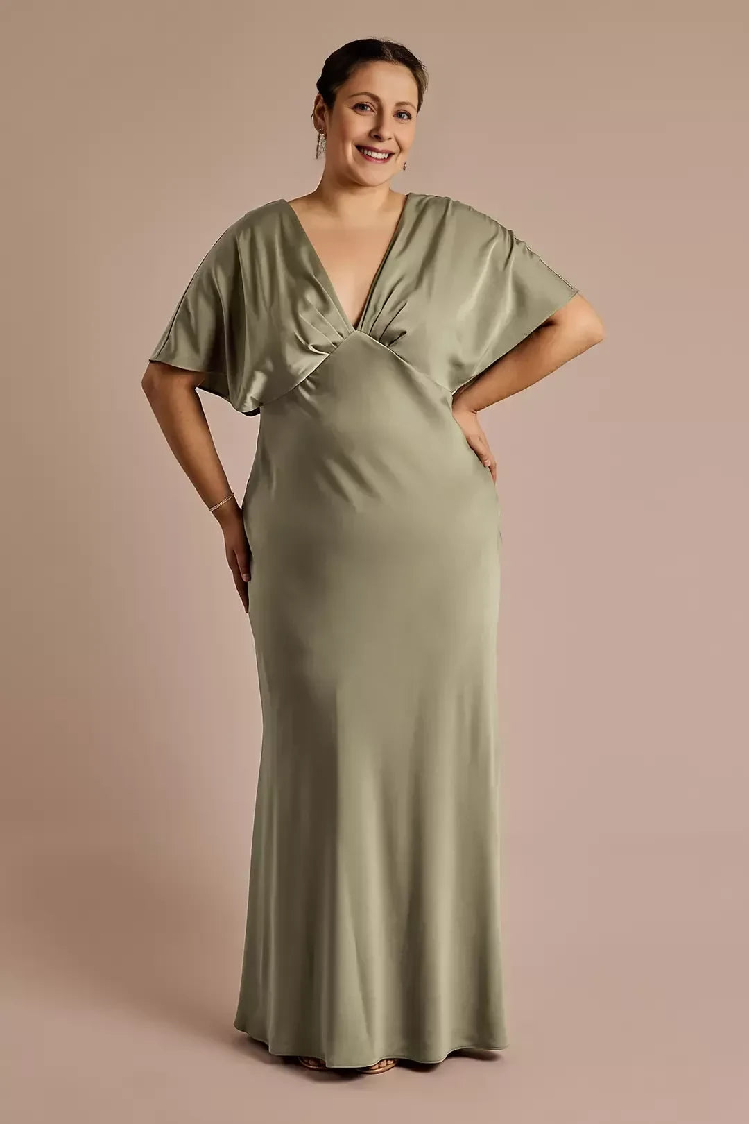 Plus Size Graceful A Line V Neck Dolman Sleeve Ruched Back Floor Length Mother of the Bride Dress
