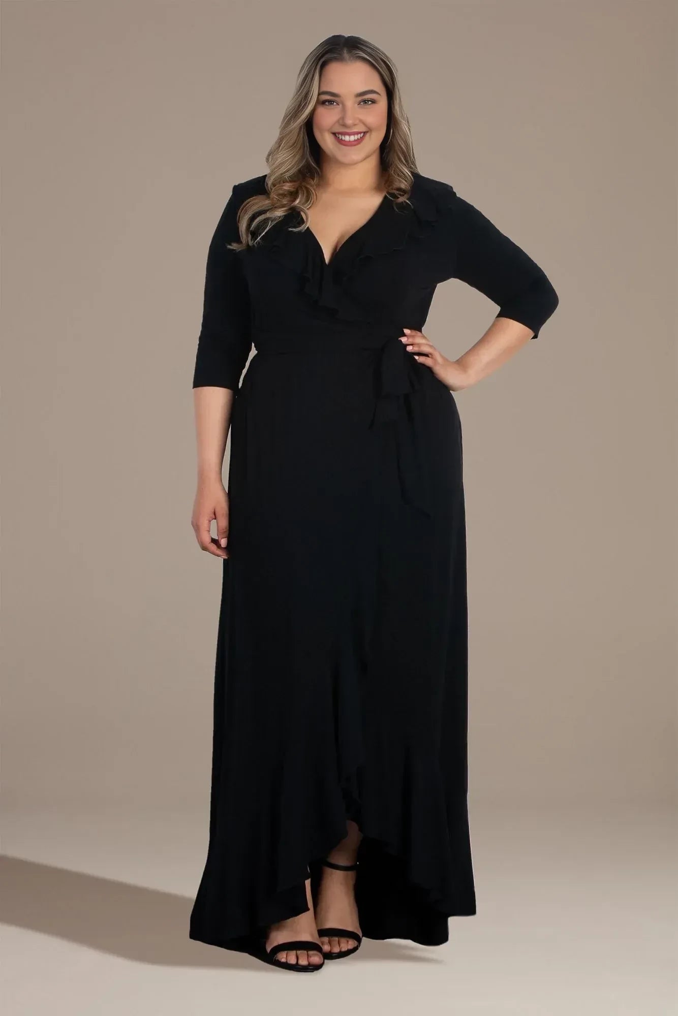 Plus Size Graceful A Line V Neck Three Quarter Sleeve Plain Back High Low Mother of the Bride Dress