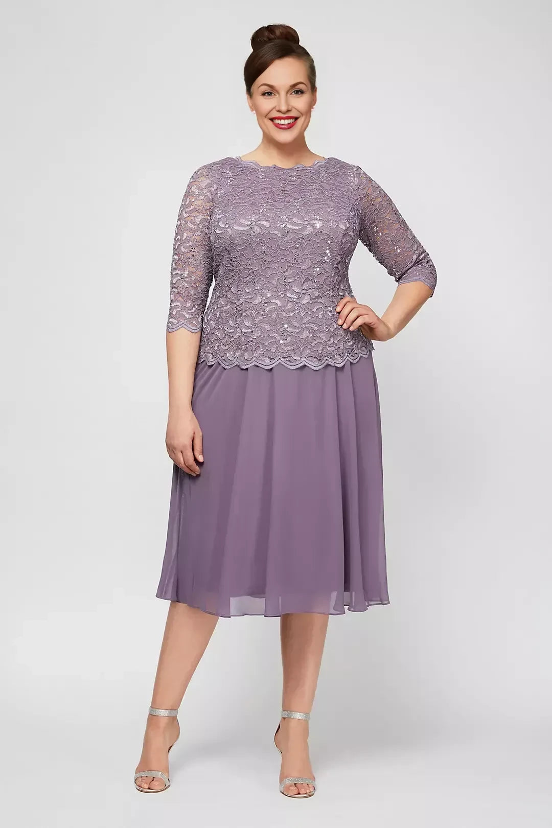 Plus Size Graceful Two Piece Crew Neck Three Quarter Sleeve Lace Back Midi Length Mother of the Bride Dress