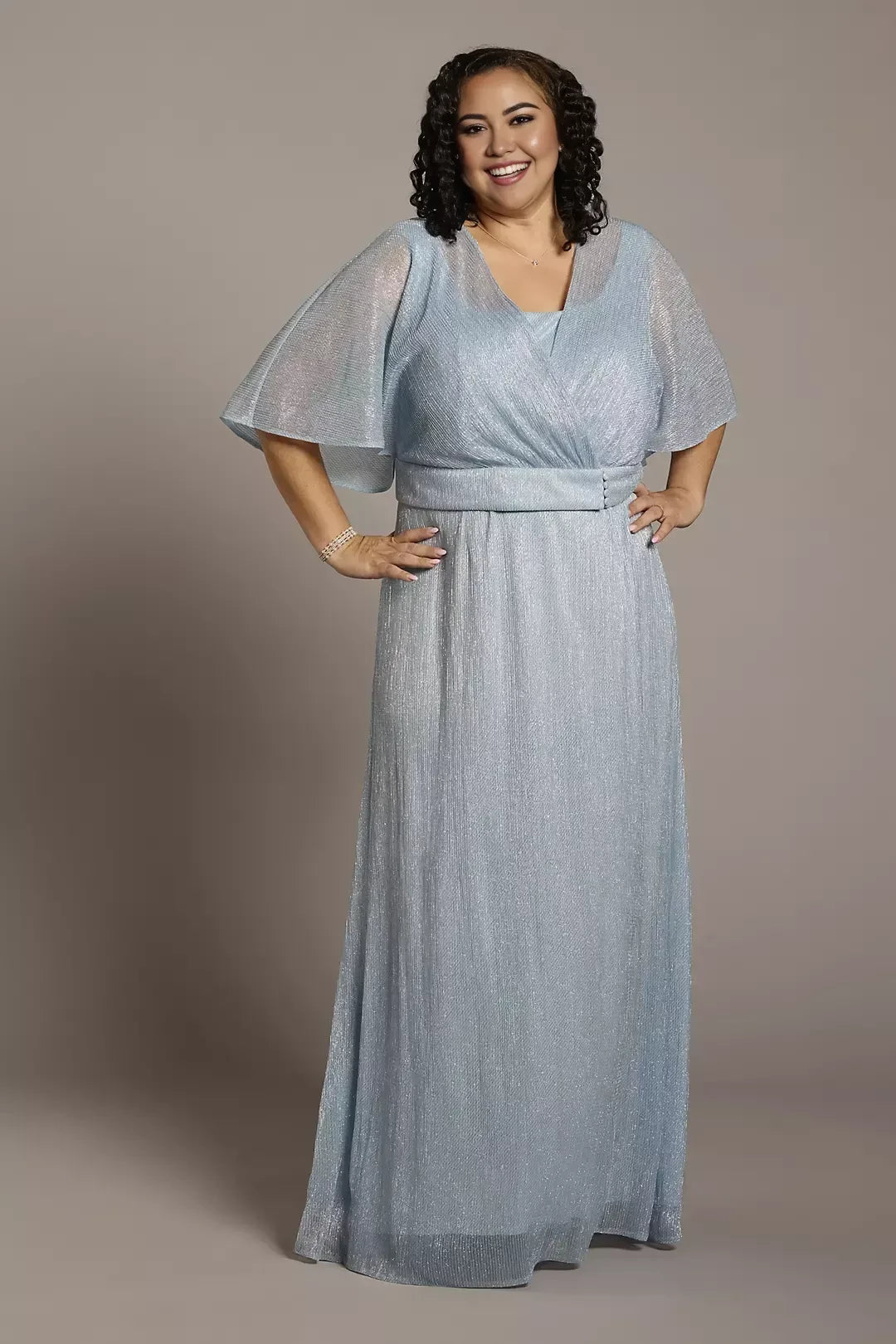 Plus Size Lovely A Line V Neck Flutter Sleeve Belted Back Floor Length Mother of the Bride Dress
