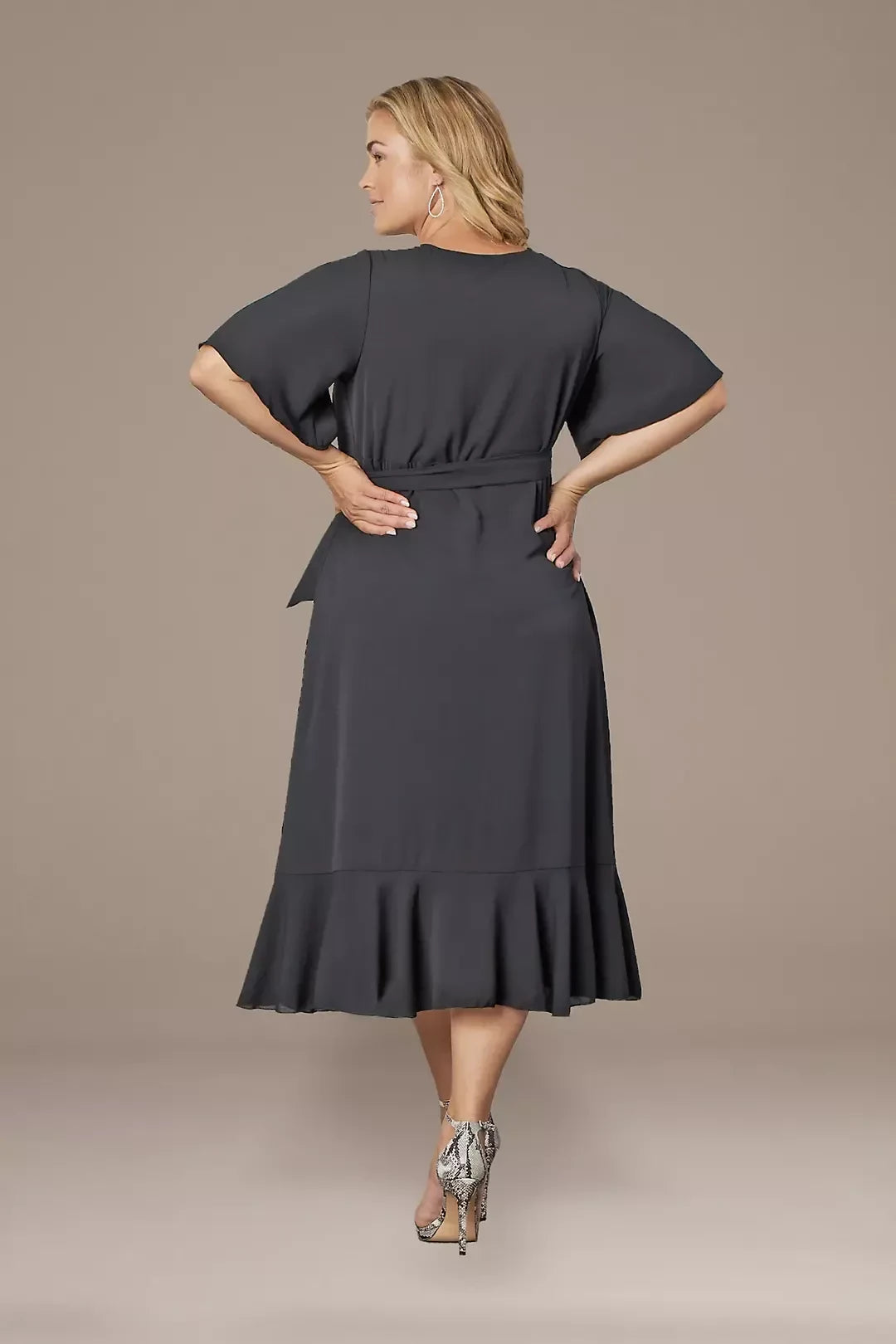Plus Size Polished A Line V Neck Flutter Sleeve Plain Back Midi Length Mother of the Bride Dress