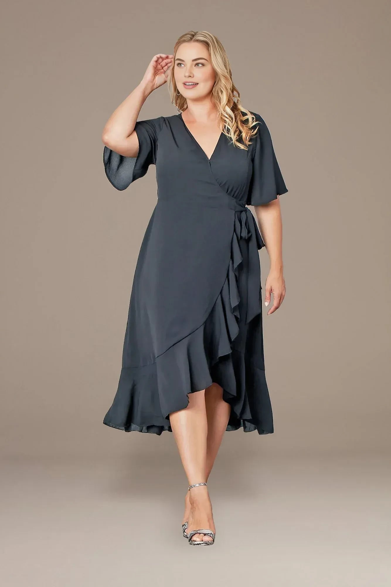 Plus Size Polished A Line V Neck Flutter Sleeve Plain Back Midi Length Mother of the Bride Dress