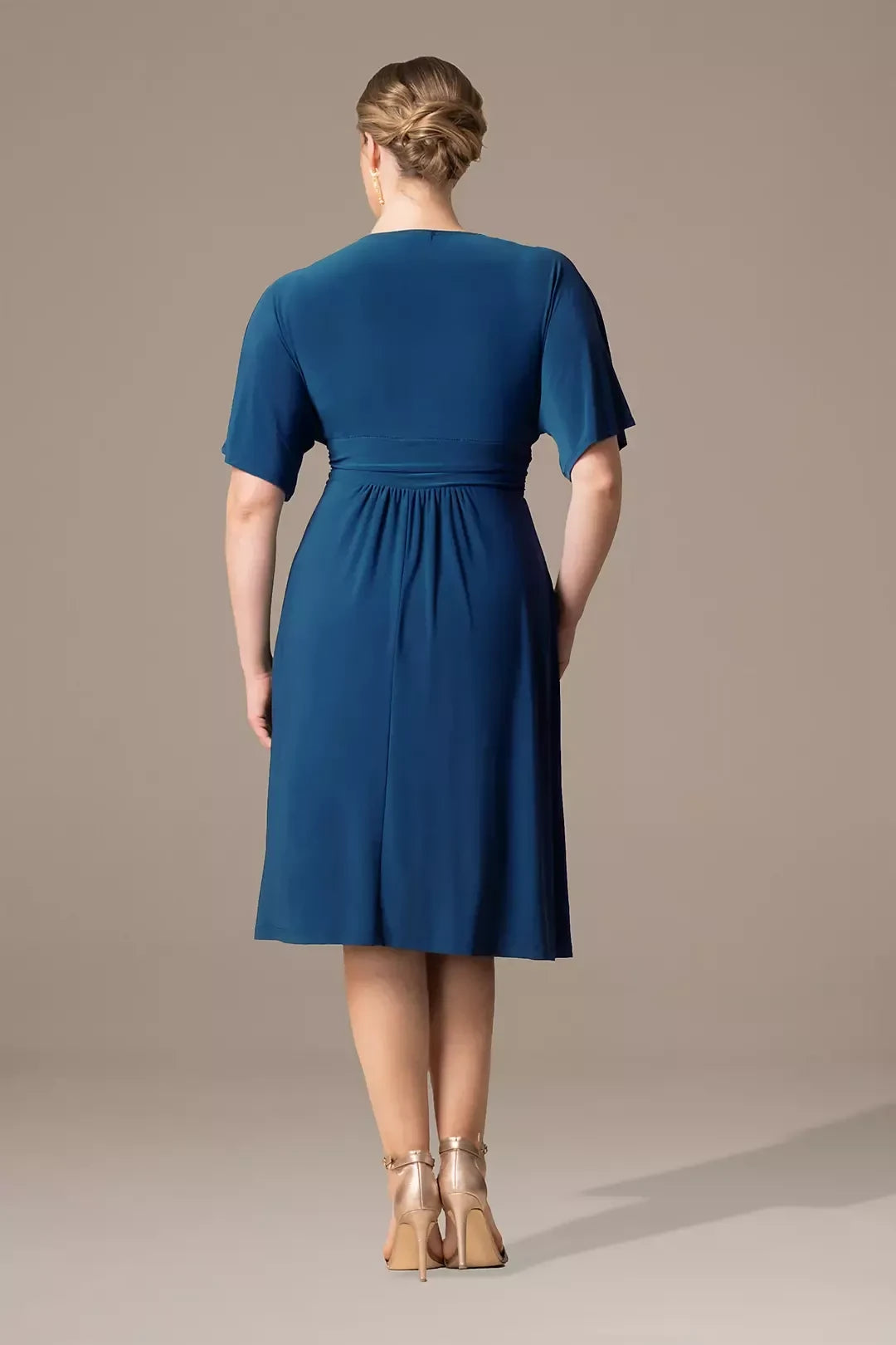 Plus Size Polished A Line V Neck Short Sleeve Plain Back Midi Length Mother of the Bride Dress