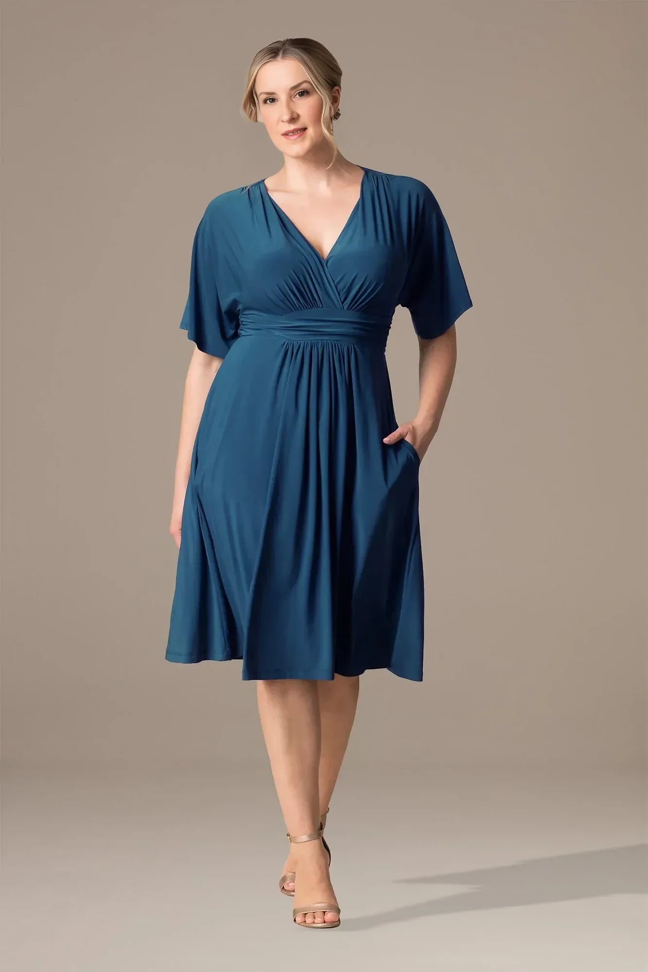 Plus Size Polished A Line V Neck Short Sleeve Plain Back Midi Length Mother of the Bride Dress
