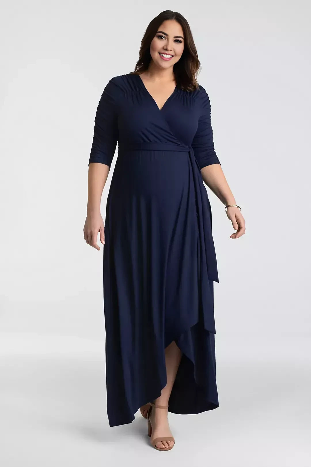 Plus Size Polished A Line V Neck Three Quarter Sleeve Plain Back High Low Mother of the Bride Dress