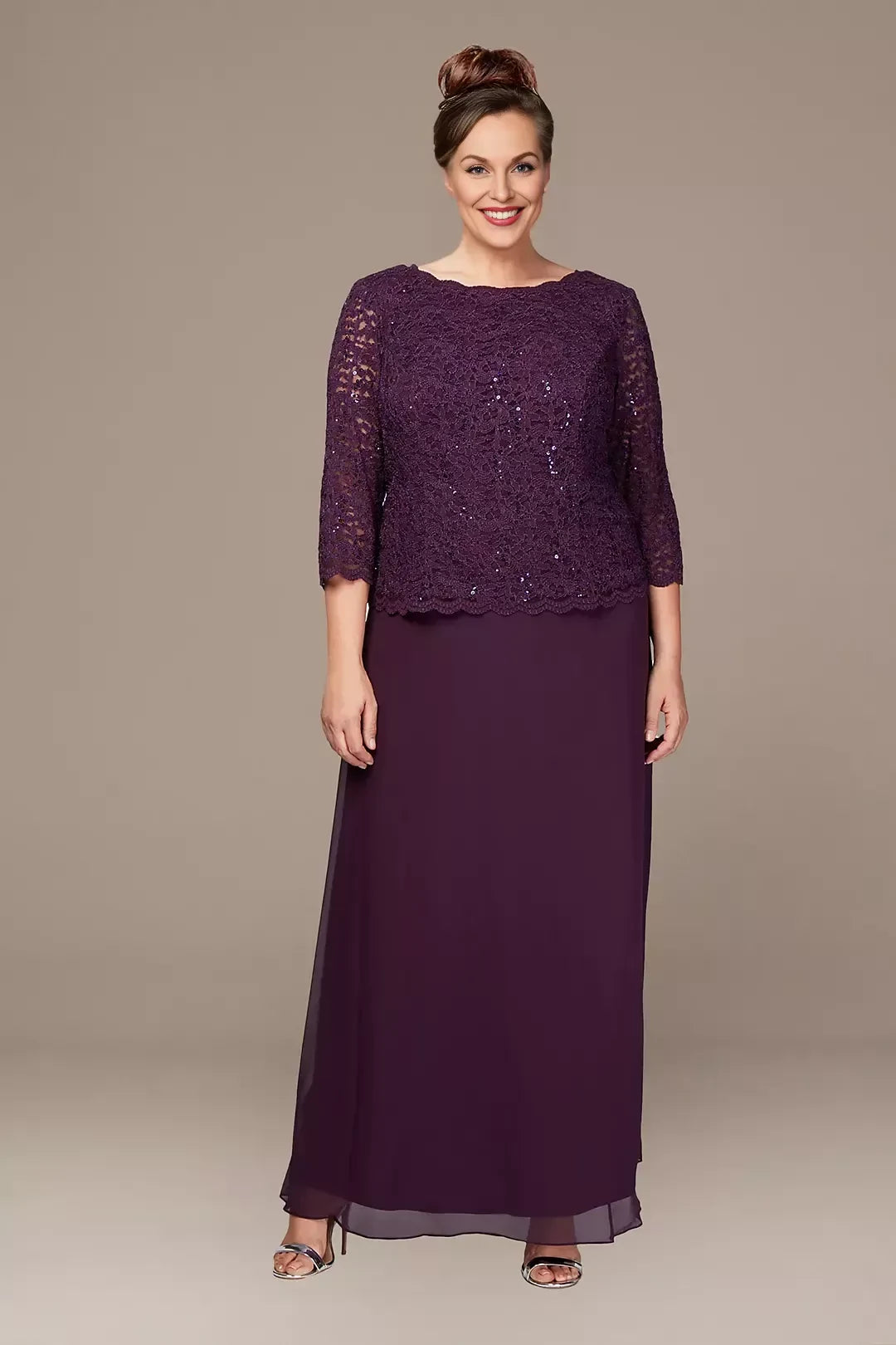 Plus Size Polished Two Piece Boat Neck Three Quarter Sleeve Lace Back Floor Length Mother of the Bride Dress