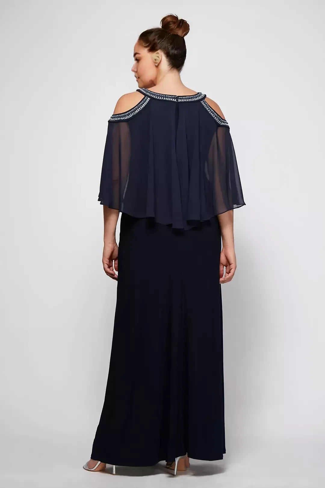 Plus Size Regal A Line Cold Shoulder Cape Sleeve Beaded Back Floor Length Mother of the Bride Dress