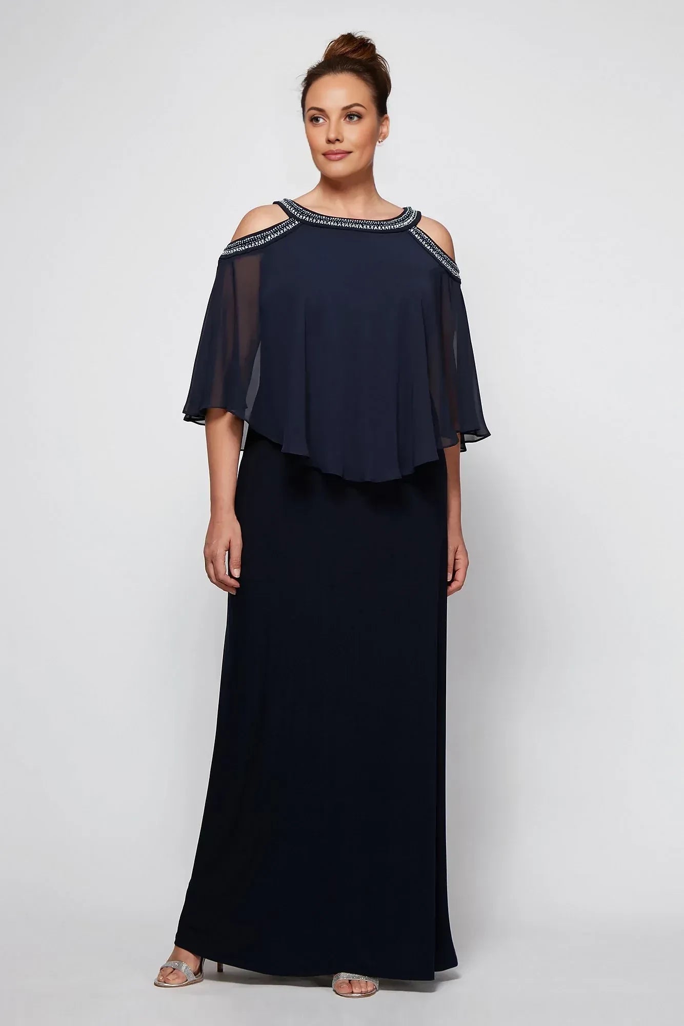 Plus Size Regal A Line Cold Shoulder Cape Sleeve Beaded Back Floor Length Mother of the Bride Dress