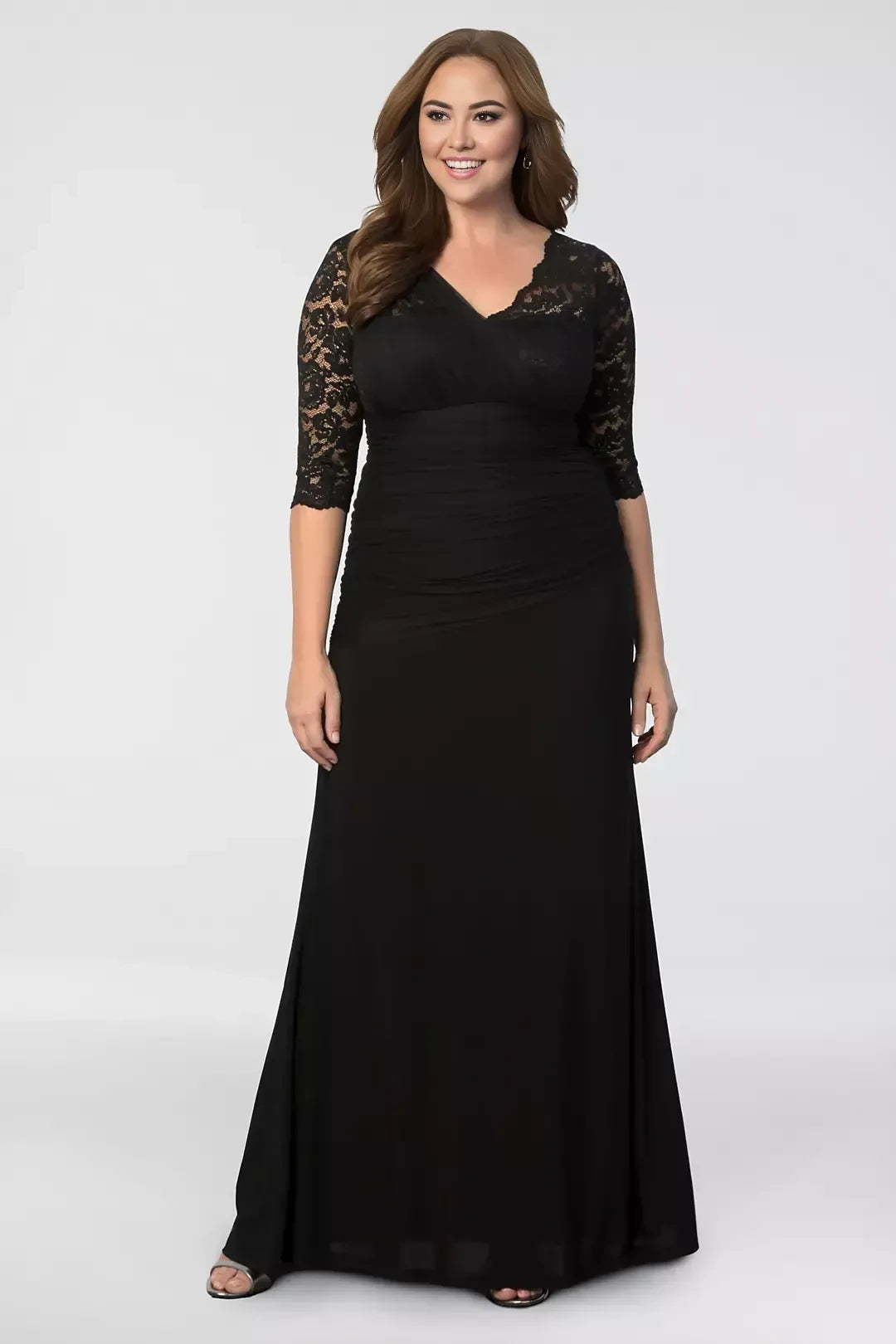 Plus Size Regal Mermaid V Neck Three Quarter Sleeve Lace Back Floor Length Mother of the Bride Dress