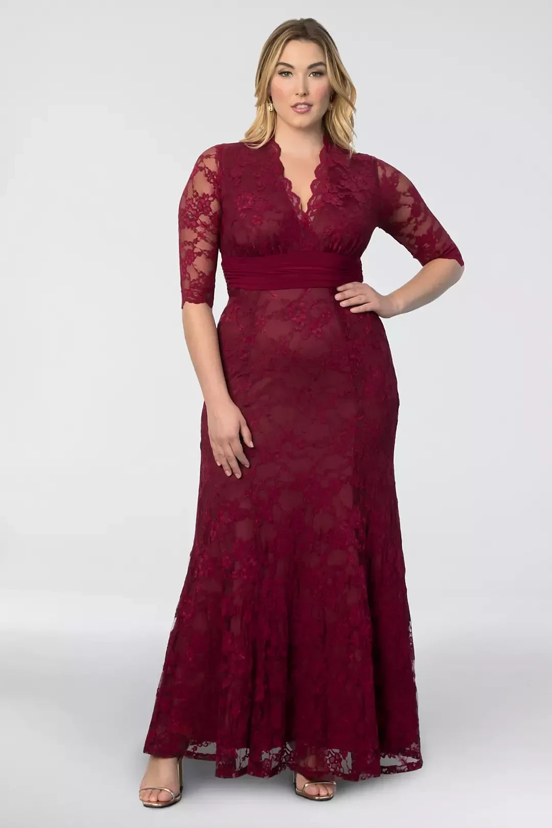 Plus Size Regal Mermaid V Neck Three Quarter Sleeve Lace Back Floor Length Mother of the Bride Dress